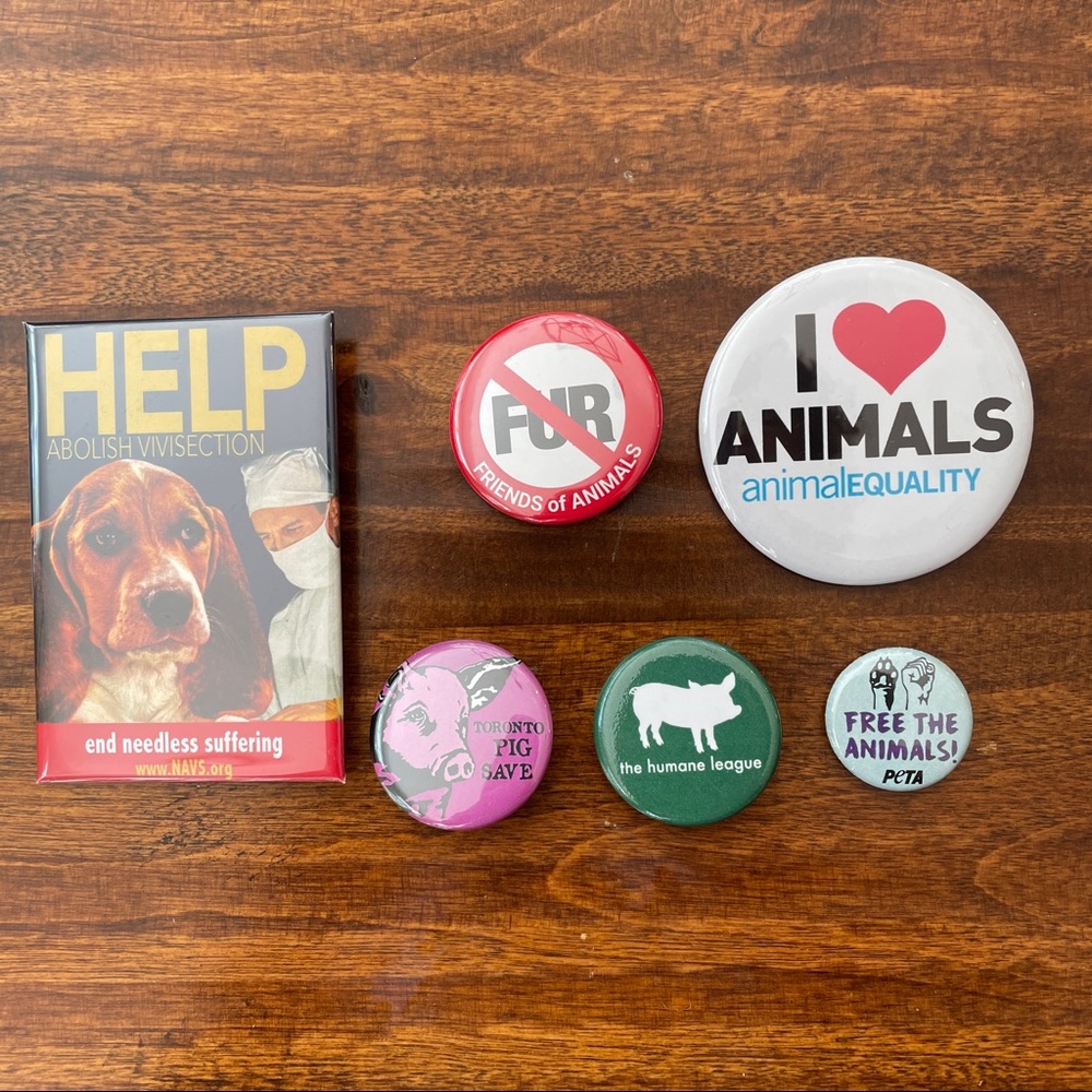 Collection of animal rights activism pins